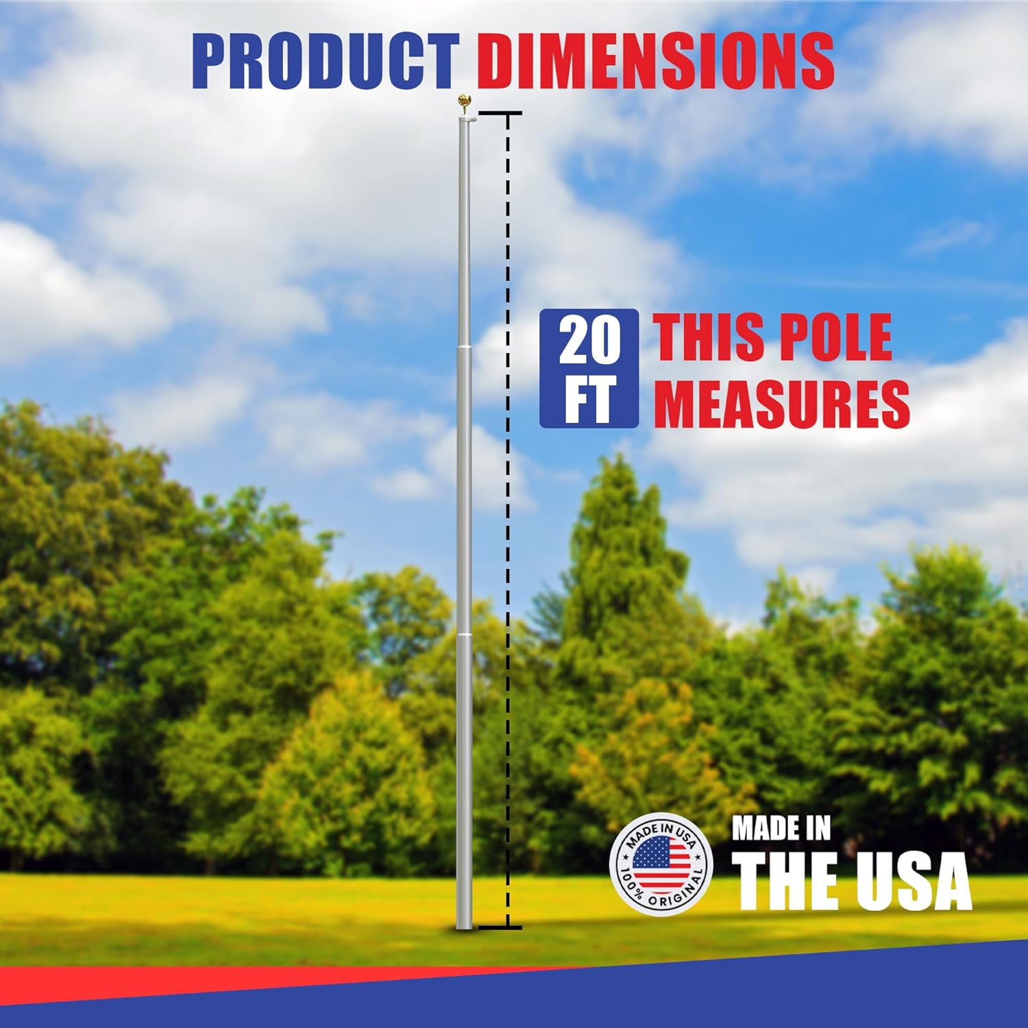 Super Tough USA-Made 20ft Heavy Duty Flag Pole for Outside House - Clear Anodized - Residential In-Ground Flagpole - 3-Section High-Grade Aluminum - Includes All Accessories