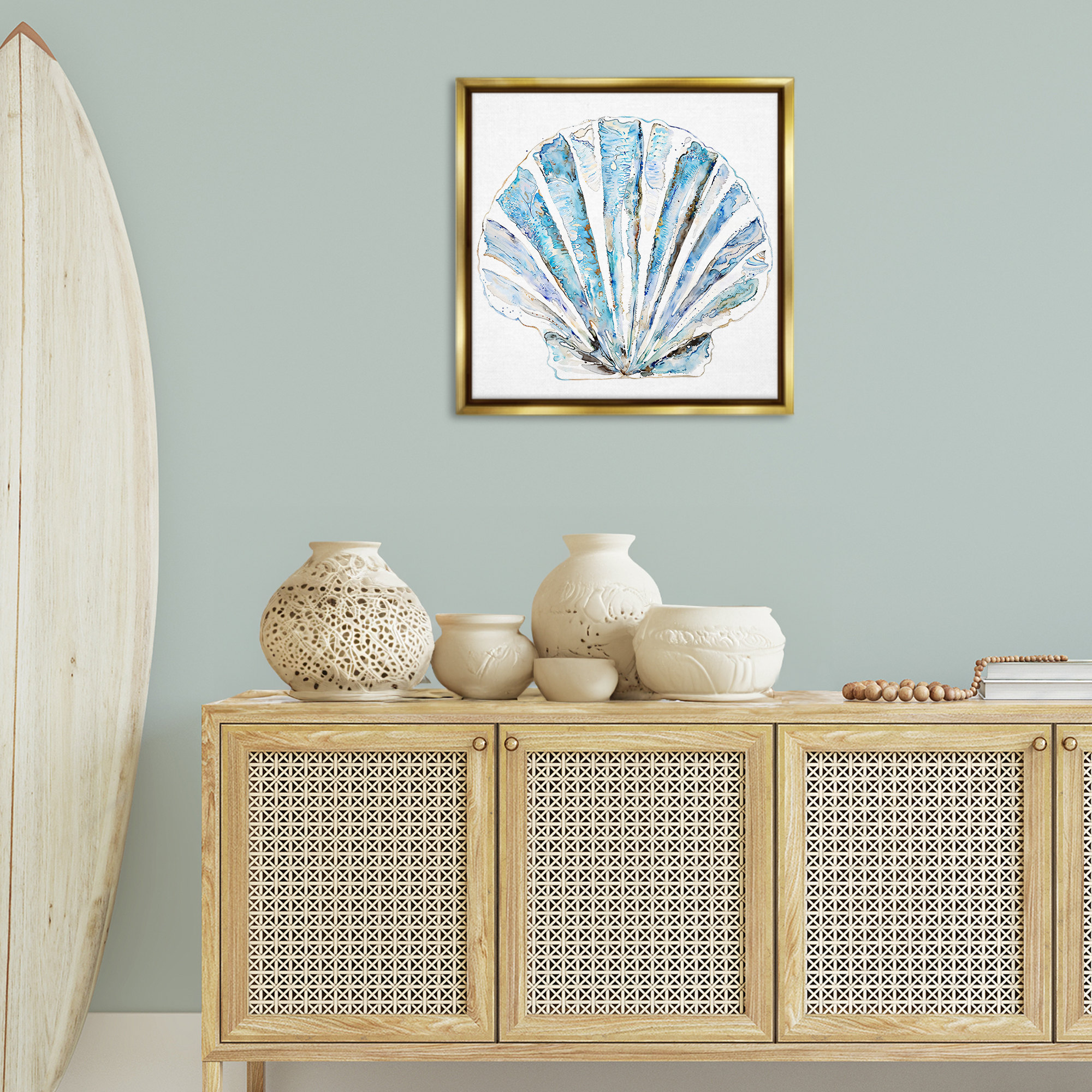 Stupell Industries Blue Clam Shell Coastal Painting Gold Floater Framed Canvas Art Print Wall Art, 25 x 25