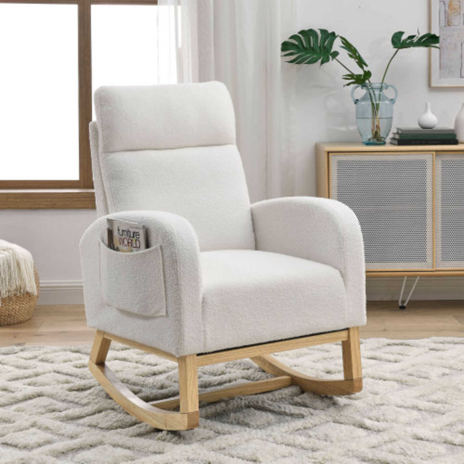 27.6"W Modern Accent High Backrest Living Room Lounge Arm Rocking Chair Two Side Pocket Teddy White Ivory