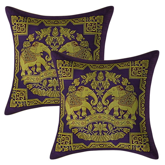 Stylo Culture Ethnic Bohemian Brocade Purple And Gold Throw Pillow Covers 12x12 Jacquard Weave Banarsi Outdoor Throw Pillow Covers Elephant Floral 30x30 cm Decorative Cushion Covers (Set Of 2)