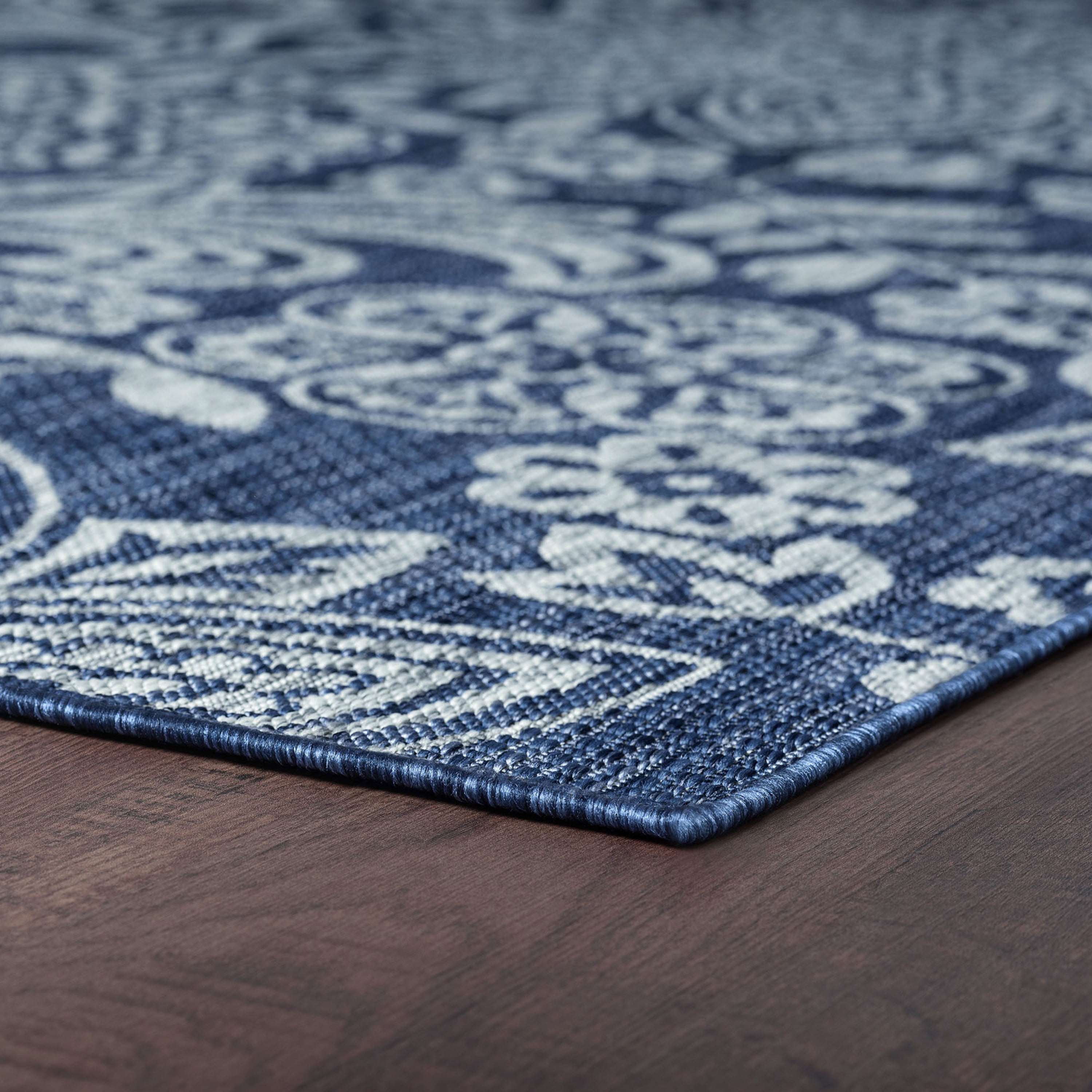 Bliss Rugs Floral Large Indoor Outdoor Area Rug for Patio, Porch, Garden | Navy and Light Gray, 5'3''x7'3''