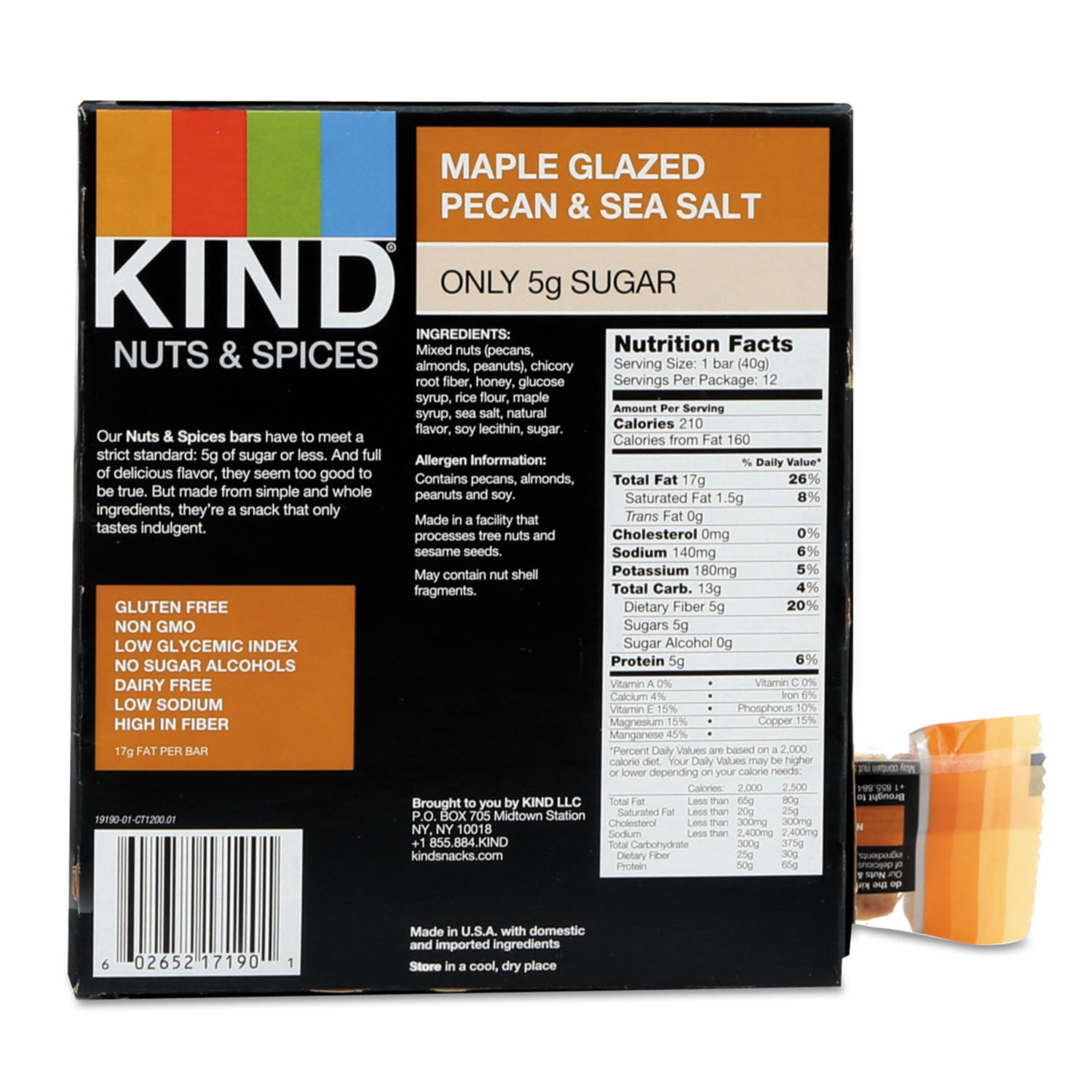 Kind 17930 1.4 oz Nuts & Spices Bar, Maple Glazed Pecan & Sea Salt - 12 per Box