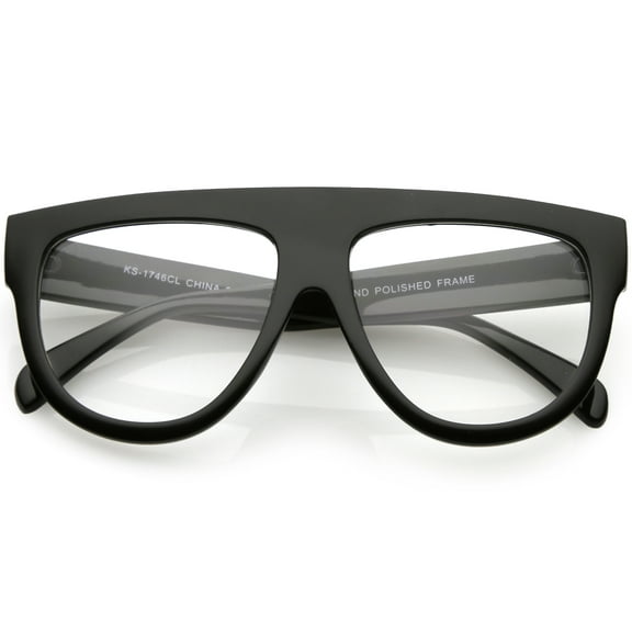 Oversize Flat Top Aviator Sunglasses Horn Rimmed Details Wide Arms Clear Lens 56mm (Black / Clear)