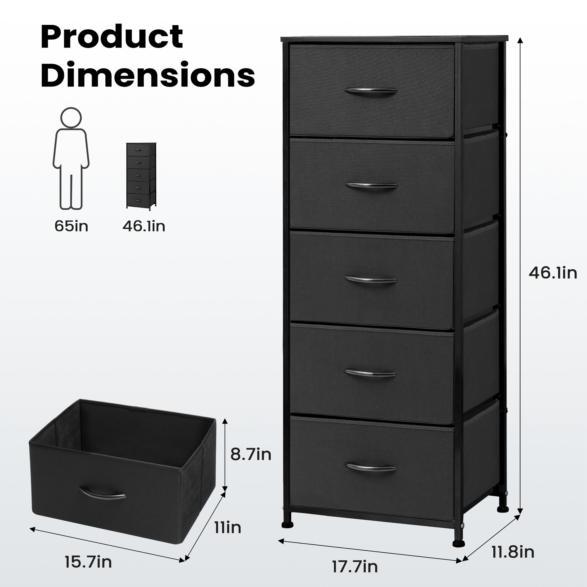 Pellebant Black 5-Drawer Dresser Household Vertical Storage Tower Chest - image 3 of 8