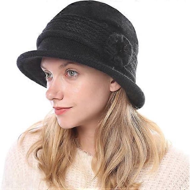 Women Elegant Wool Blend Knit Cloche Hat Ladies 1920s Vintage Flower Bowler Hat Winter Bucket Hat Newsboy Hat Peaked Beanie Bonnet Derby Church Hats