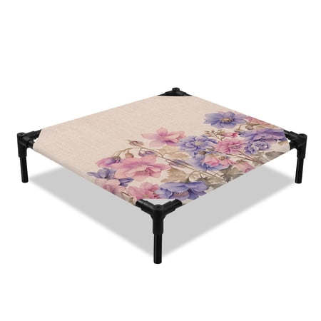 Spring Farmhouse Elevated Dog Bed Style Plant Pink Purple Flowers Linen Texture Cooling Breathable Outdoor Raised Dog Cot Bed with Metal Frame Non-Slip Feet for Small Dog 20x20in