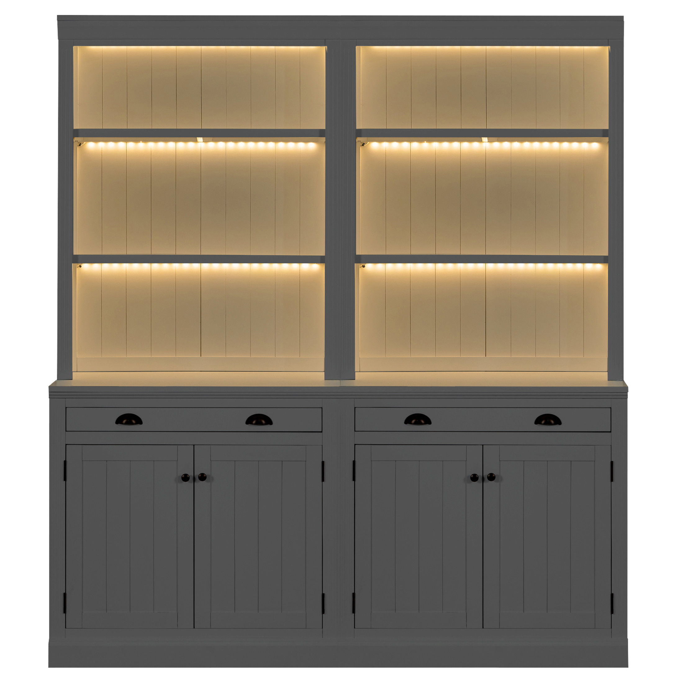 GDF Studio Caldon 83.4" Bookshelf with LED Lighting, Drawers & Panel Doors, Modern Bookcase for Home Office, White, Set of 2