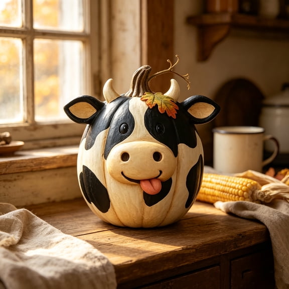 Cute Scottish Cow Halloween Figurine, Farm Animal Pumpkin Statue