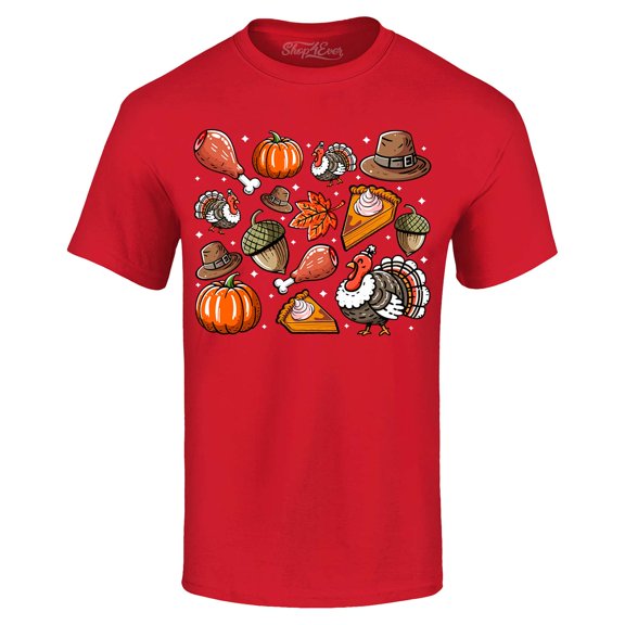 Shop4Ever Women's Thanksgiving Fall Collage Turkey Pilgrim Pumpkin Pie Slim Fit V-Neck T-Shirt Small Heather Charcoal
