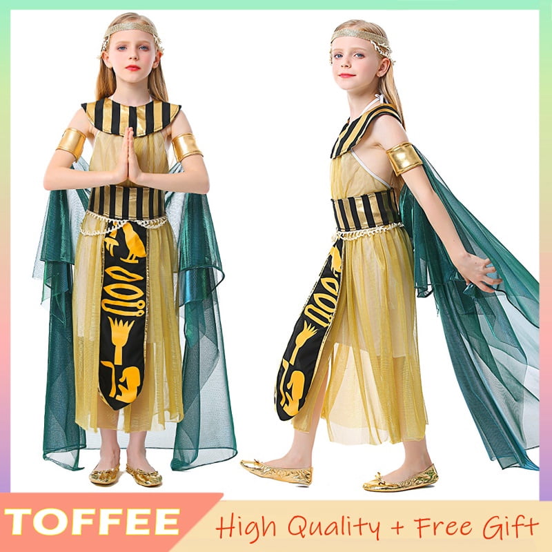 ReliBeauty Disfraz De Cleopatra Para Niña | Vestido Egipcio Con Tocado Dorado Y Capa | Ideal Para Carnaval, Halloween Y Fiestas Temáticas | Tallas 3 A 12 Años