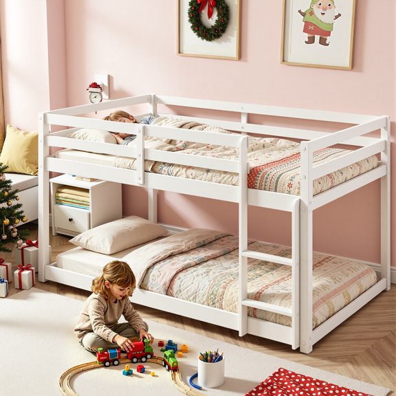 Sesslife Twin Over Twin Bunk Bed, Low Floor Wood Bunk Bed Frame with Guardrails and Ladder, Space Saving Bunk Bed for Bedroom, Dorm, Apartment, No Box Spring Needed, White