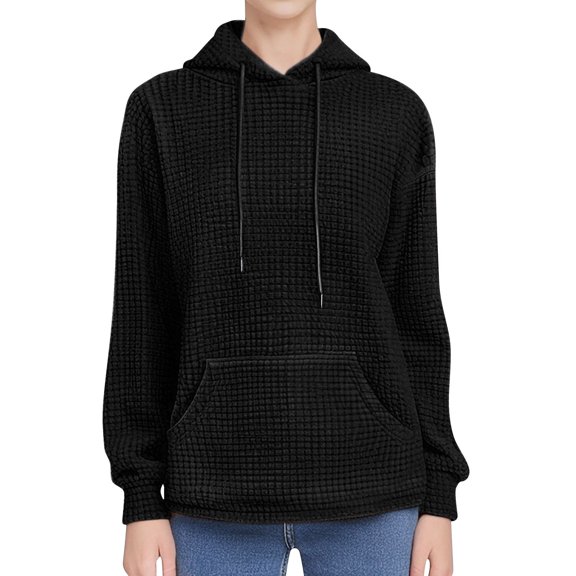 WTXUE Womens Hoodies Oversized Casual Fashion Long Sleeve Drawstring Waffle Pullover Tops Loose Hooded Sweatshirt Lightweight Sweatshirts with Pocket Black L