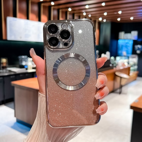 Allytechgroup Magnetic Glitter Case for iPhone 13 Pro Max, Plating Transparent Soft TPU Back Shockproof Cover with Gradient Bling Sparkly Paper for Women & Girls [Compatible with MagSafe], Silver