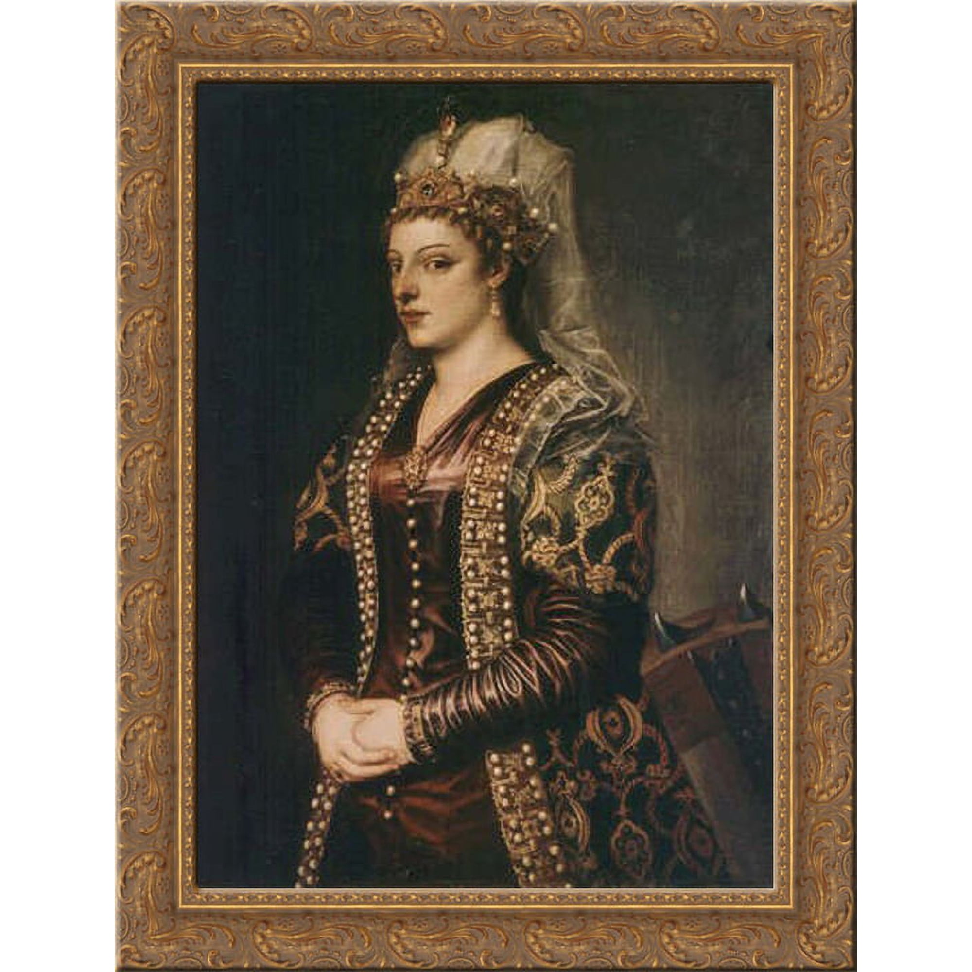 Portrait of Caterina Cornaro (1454-1510) wife of King James II of Cyprus, dressed as St. Catherine 24x18 Gold Ornate Wood Framed Canvas Art by Titian