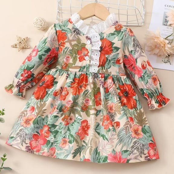 YEEDISON Children's Dress Autumn and Winter Girls' Dress Cotton Long Sleeve Flower Pattern Lace Neck Dress for 0-18M