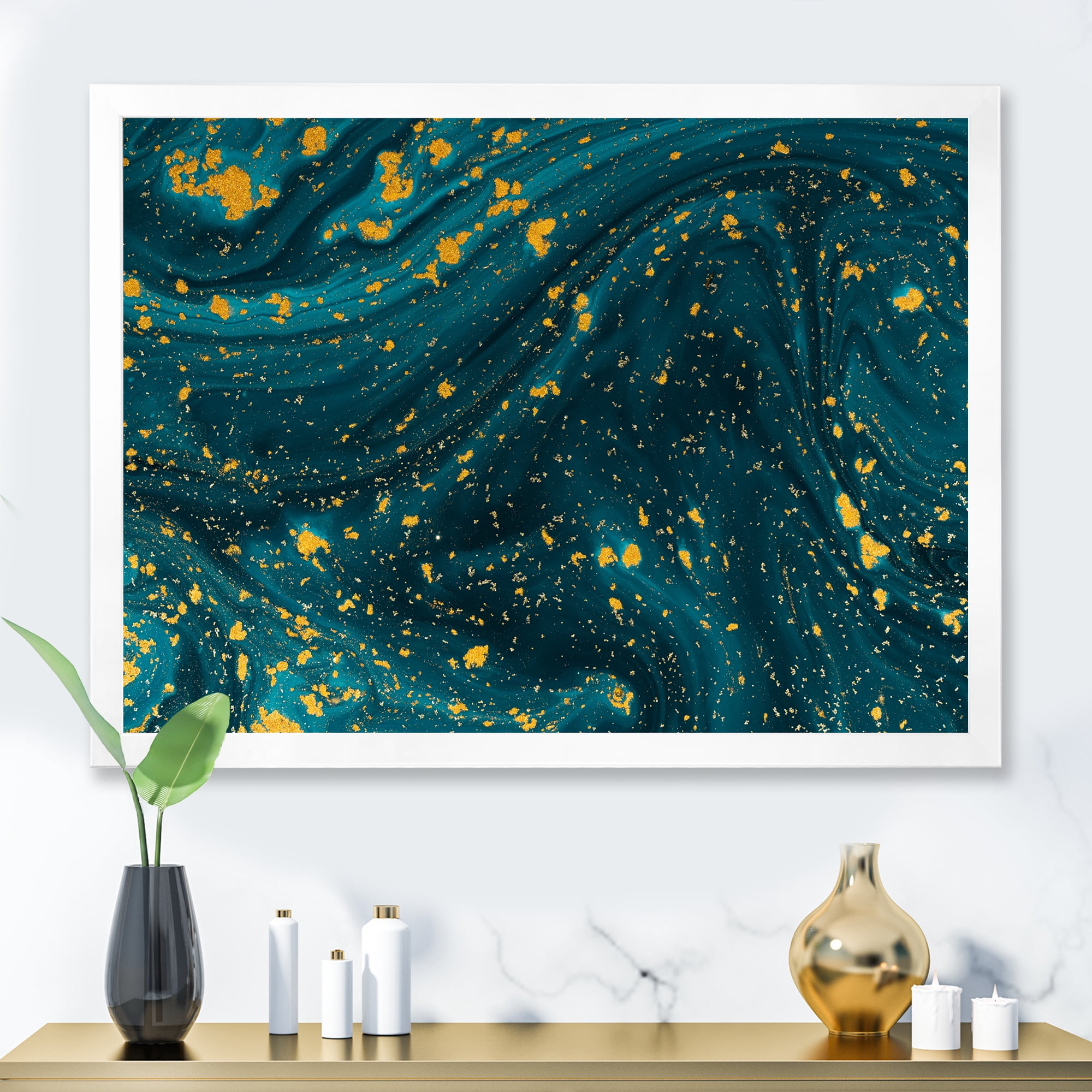 Designart 'Golden Glitter With Dark Blue Marble' Modern Framed Art Print