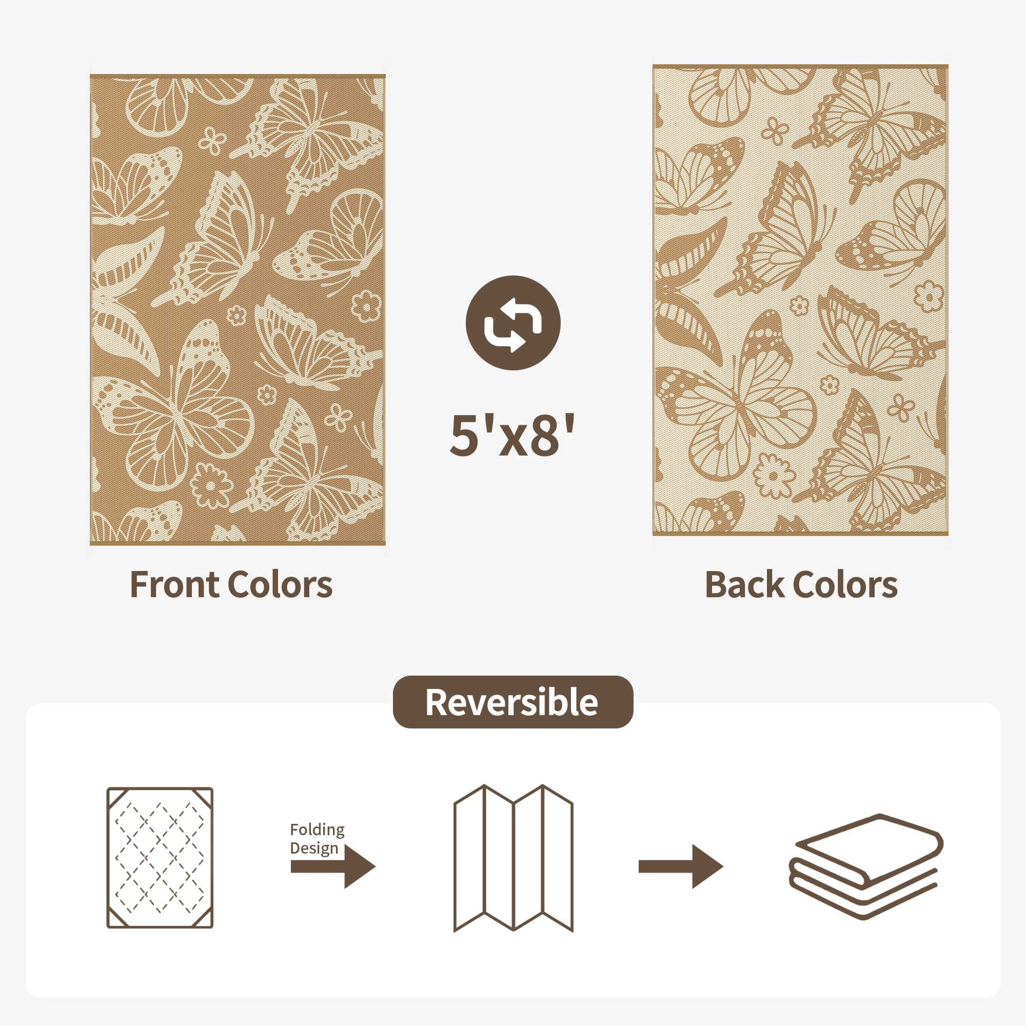DEORAB 5'x8' Outdoor Rugs Waterproof Patio Reversible Plastic Straw Carpet Camping Outside Mat For Garden Balcony Camping Porch, Brown & Beige