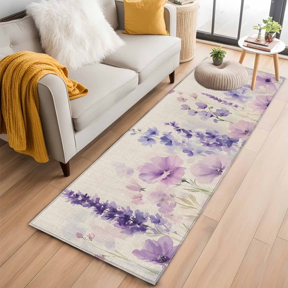 Floral Lavender Kitchen Runner Rug 2x6 Washable Runners for Hallway Non Slip Spring Wildflower Print Idyllic Spring Large Area Rug Indoor Floor Carpet for Bathroom Laundry Entryway Bedroom
