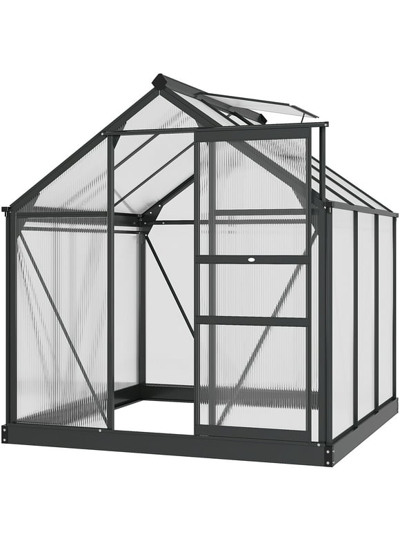 Outsunny Polycarbonate Greenhouse, Heavy Duty Outdoor Aluminum Walk-in Green House Kit Vent Door, 6.2'x6.2'x6.6' Gray