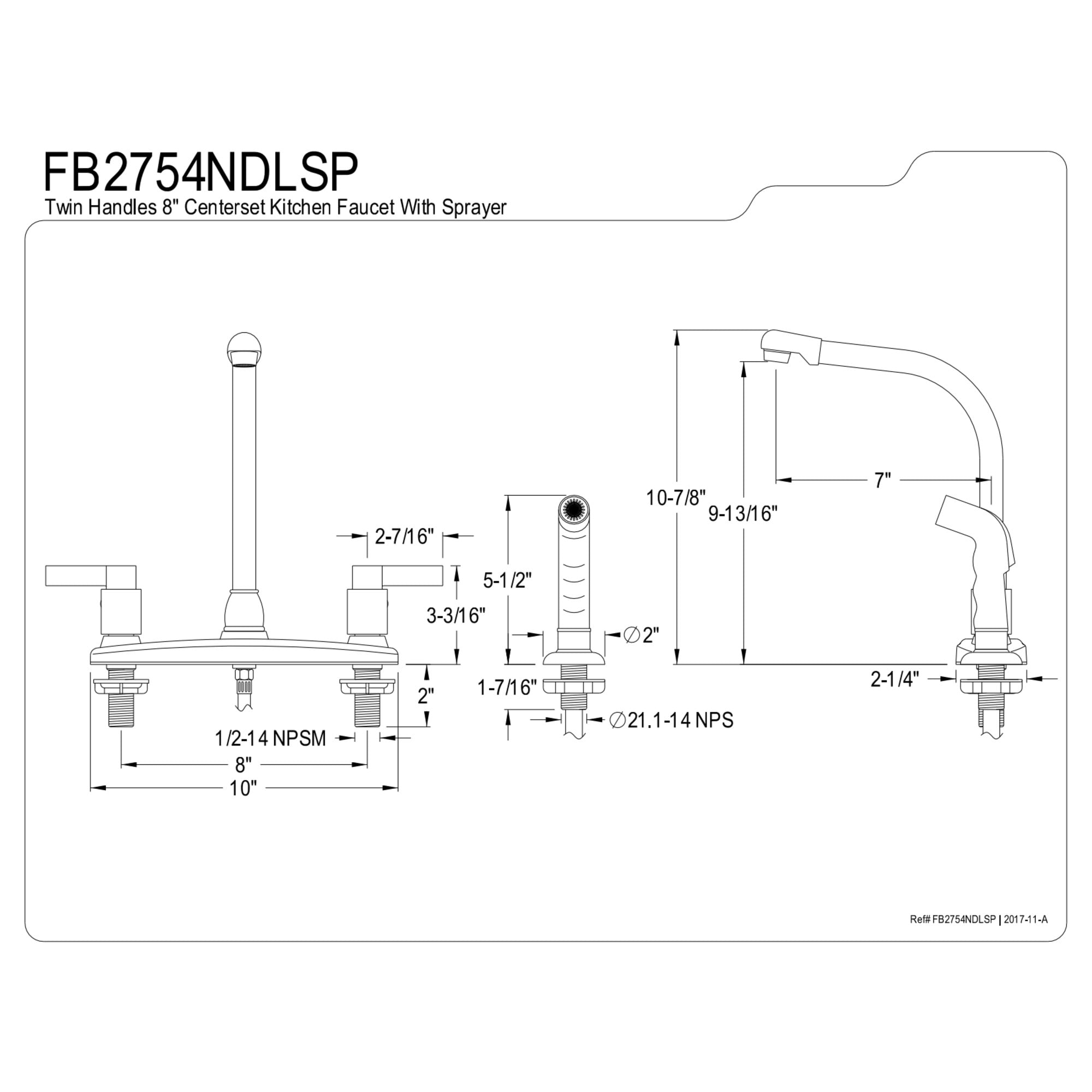 Kingston FB2754NDLSP NuvoFusion Two-Handle 4-Hole 8" Centerset Kitchen Faucet with Side Sprayer in Black Stainless