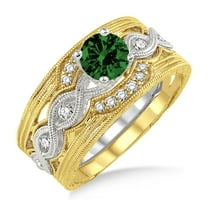 1.25 Carat Emerald & Diamond Vintage Trio Bridal Set Engagement Ring on 10k White Gold