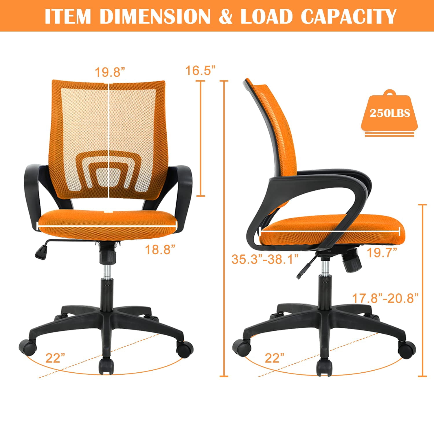 CL.HPAHKL Mesh Computer Desk Chair, Ergonomic Office Chair with Lumbar Support & Armrests Mid Back Swivel Rolling Task Chair for Home Office Study Gaming, Orange