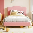 thumbnail image 3 of Upholstered Twin Size Bed Frame with Scallop Headboard, Cute Velvet Twin Bed , Sturdy Platform Bed, No Box Spring Needed, Wooden Slats, Noise Free, Pink, 3 of 9