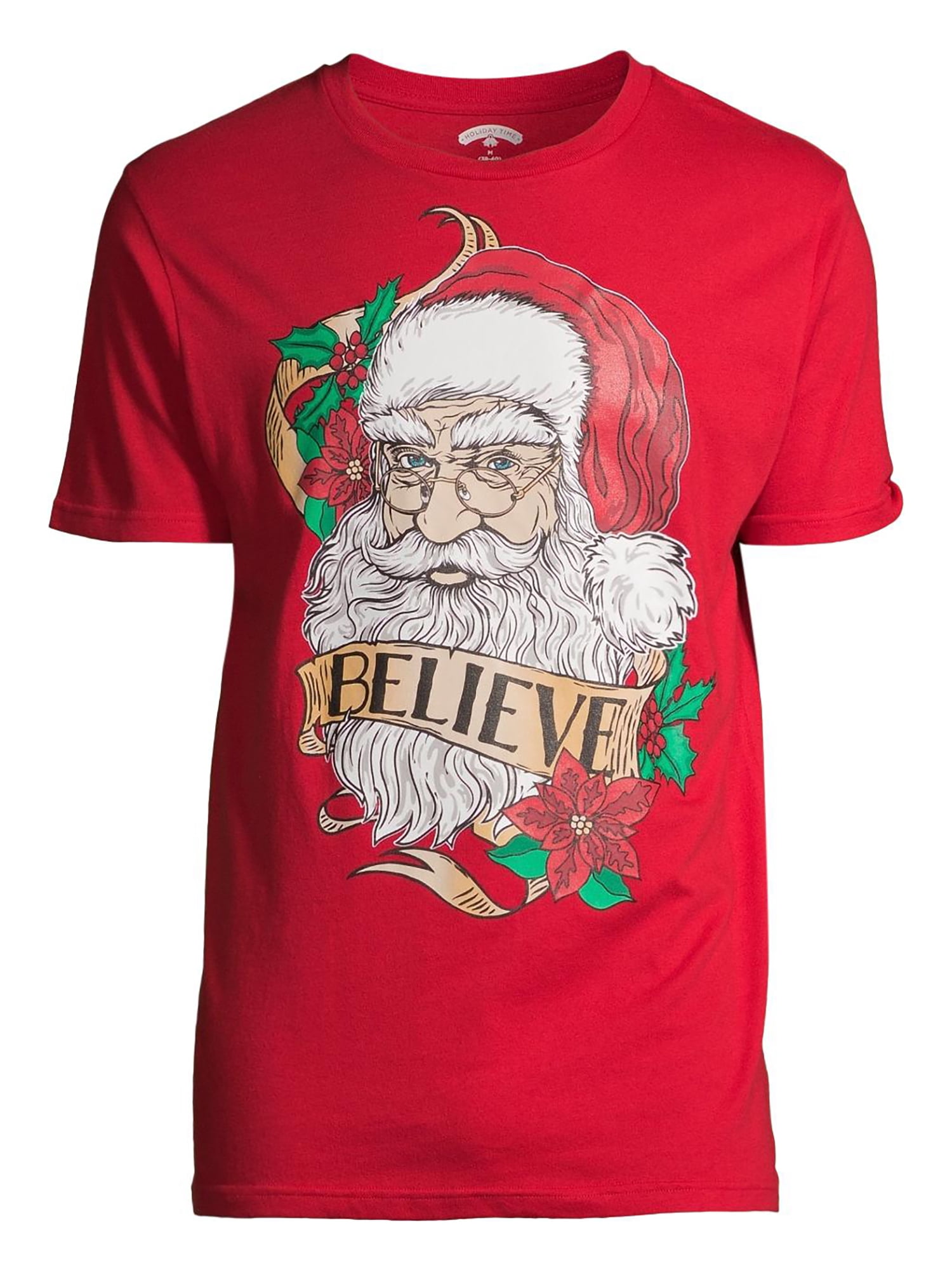 Holiday Time Men's Short Sleeve "Santa Face Believe" Christmas Tee