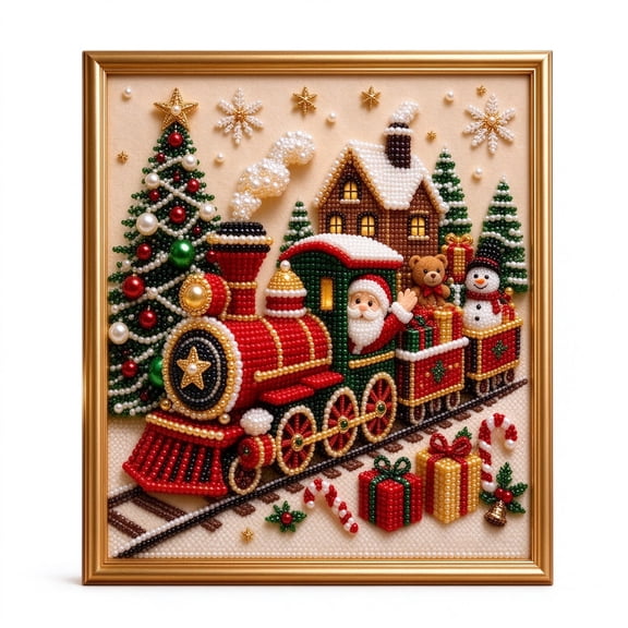 AOKISEN Christmas Pearl Diamond Art Kit With Frame Santa Train DIY Holiday Craft For Adults Beginners Wall Decor