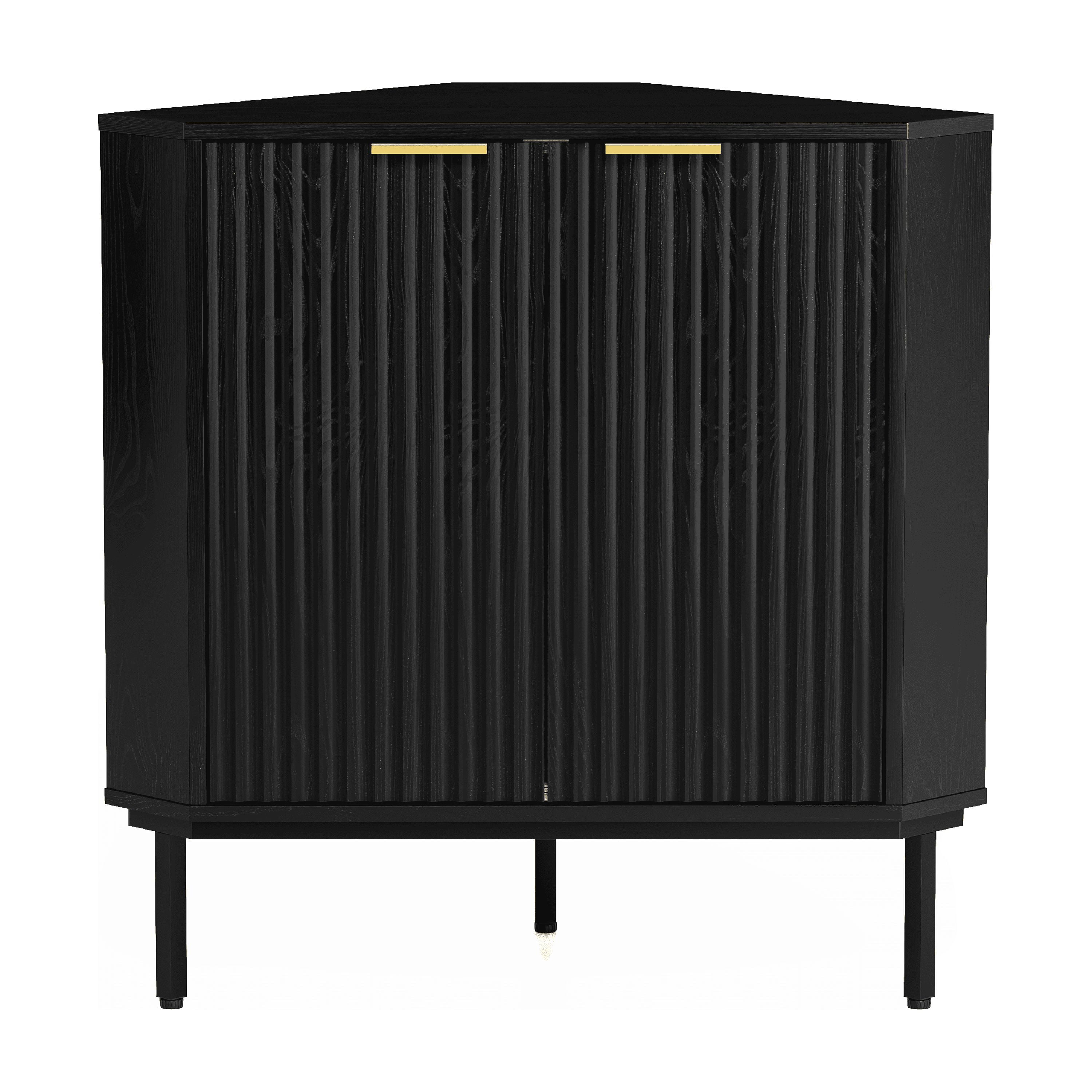 Joyyskill Modern Corner Cabinet, Fluted Small Floor Storage Cabinet with Adjustable Shelf, Freestanding Narrow Organizer for Living Room, Black