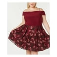 thumbnail image 3 of MORGAN & CO Womens Maroon Pleated Floral Spaghetti Strap Off Shoulder Above The Knee Party Circle Dress Plus 18W, 3 of 4