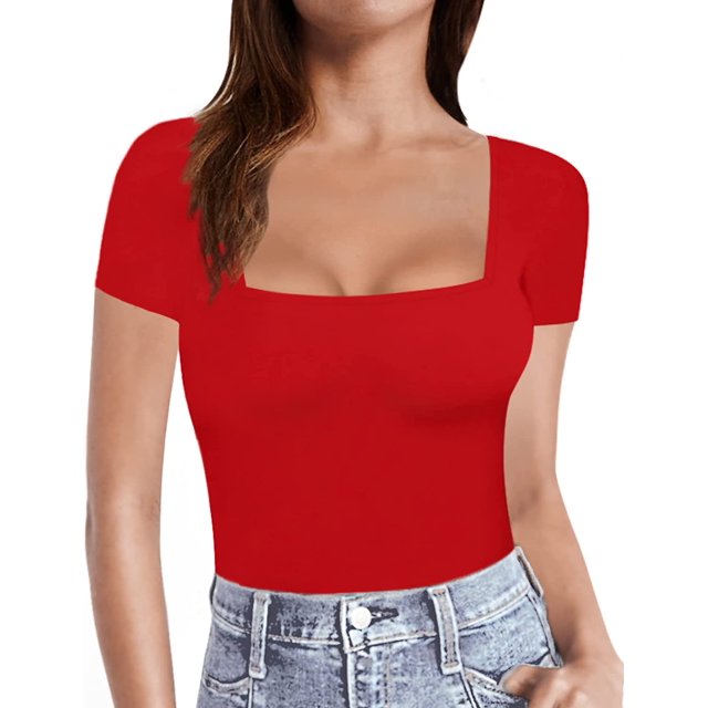 Xishao Camisetas de Manga Corta y Manga Larga con Cuello Cuadrado para Mujer Xishao ropa