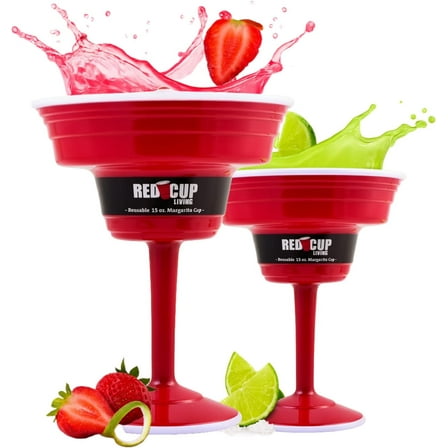 2Reusable Red Plastic Stemmed Margarita Glasses, 15 oz, Drinkware Set of 2