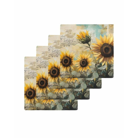 Sunflower Kitchen Dish Towels for Drying Dishes Set of 4, Farmhouse Vintage Summer Botanical Pastoral Waffle Weave Microfiber Terry Hand Tea Bathroom Towels Quick Dry & Absorbent Towel 12x12