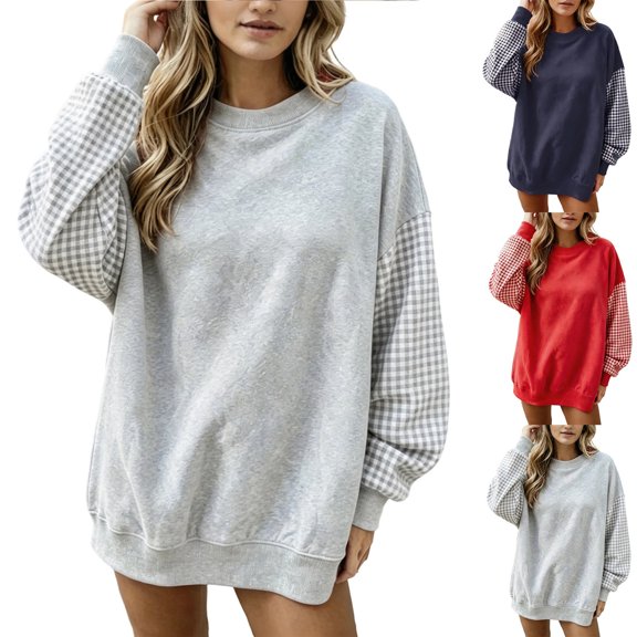 CAIXIA Oversized Sweaters For Women Plaid Patchwork Color Block Crewneck Long Sleeve Pullover Tops Soft Basic Clothes Casual Shirts Work Outfits Fall Winter Clothes,Navy