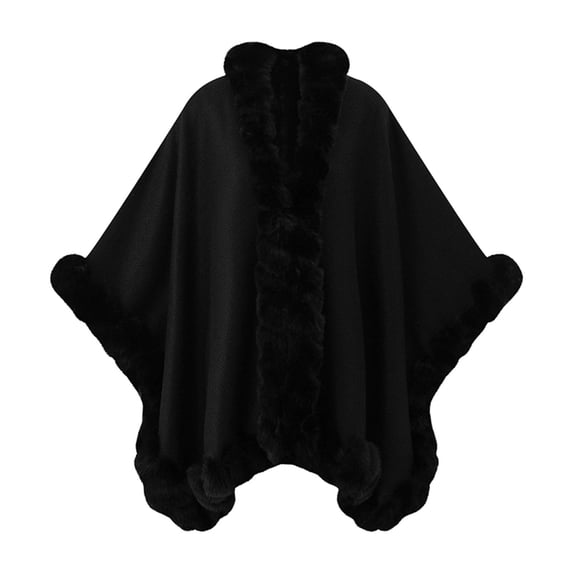 Women Poncho Fleece Cape Collar Knitted Cardigan Sweater Batwing Long Sleeve Shawl Wrap Coat Oversized Cloak Black-F Free Size