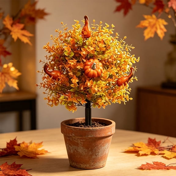 Cadancy Artificial Pumpkin Topiary Plants with Mini Gourd Eucalyptus Leaves Autumn Harvest Table Centerpiece Thanksgiving Seasonal Indoor Outdoor Home Decoration