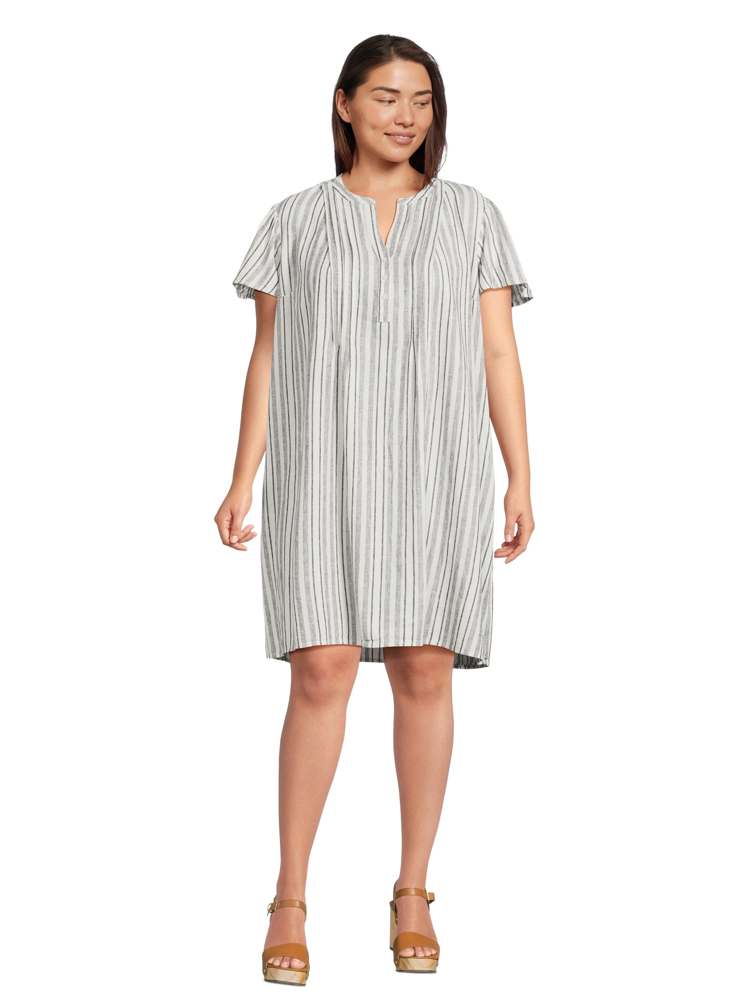 Terra & Sky Women's Plus Size Linen Blend Pintuck Dress with