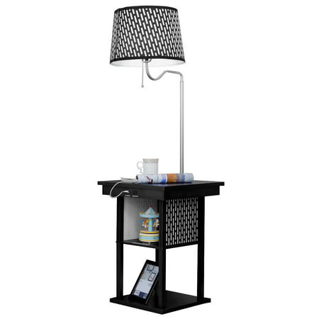 Gymax Floor Lamp Swing Arm Lamp Built In End Table w/ Shade 2 USB Ports Living