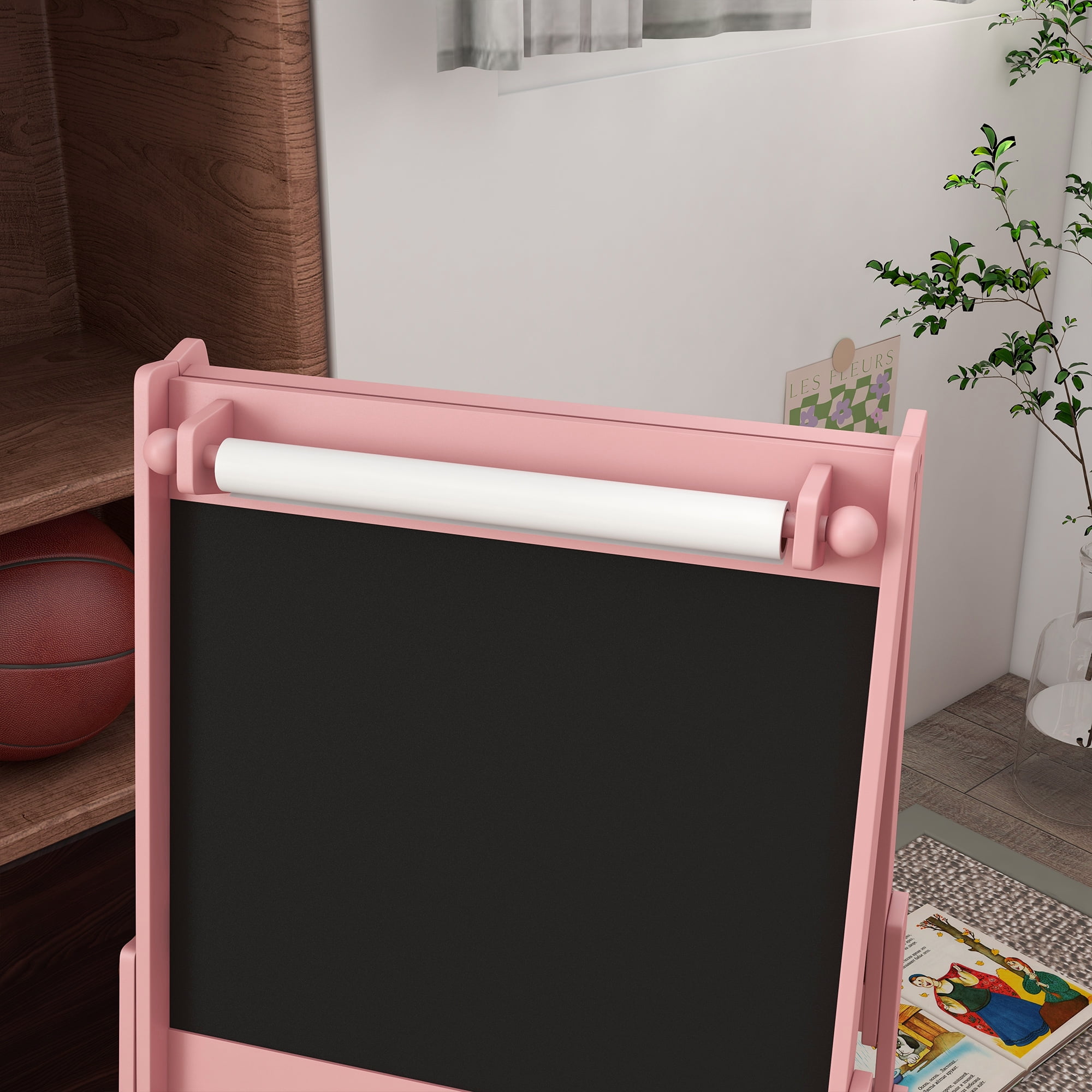 Qaba Art Easel for Kids with Paper Roll, 3 in 1 Toddler Painting Easel with Blackboard, Whiteboard, Storage Baskets, Pink