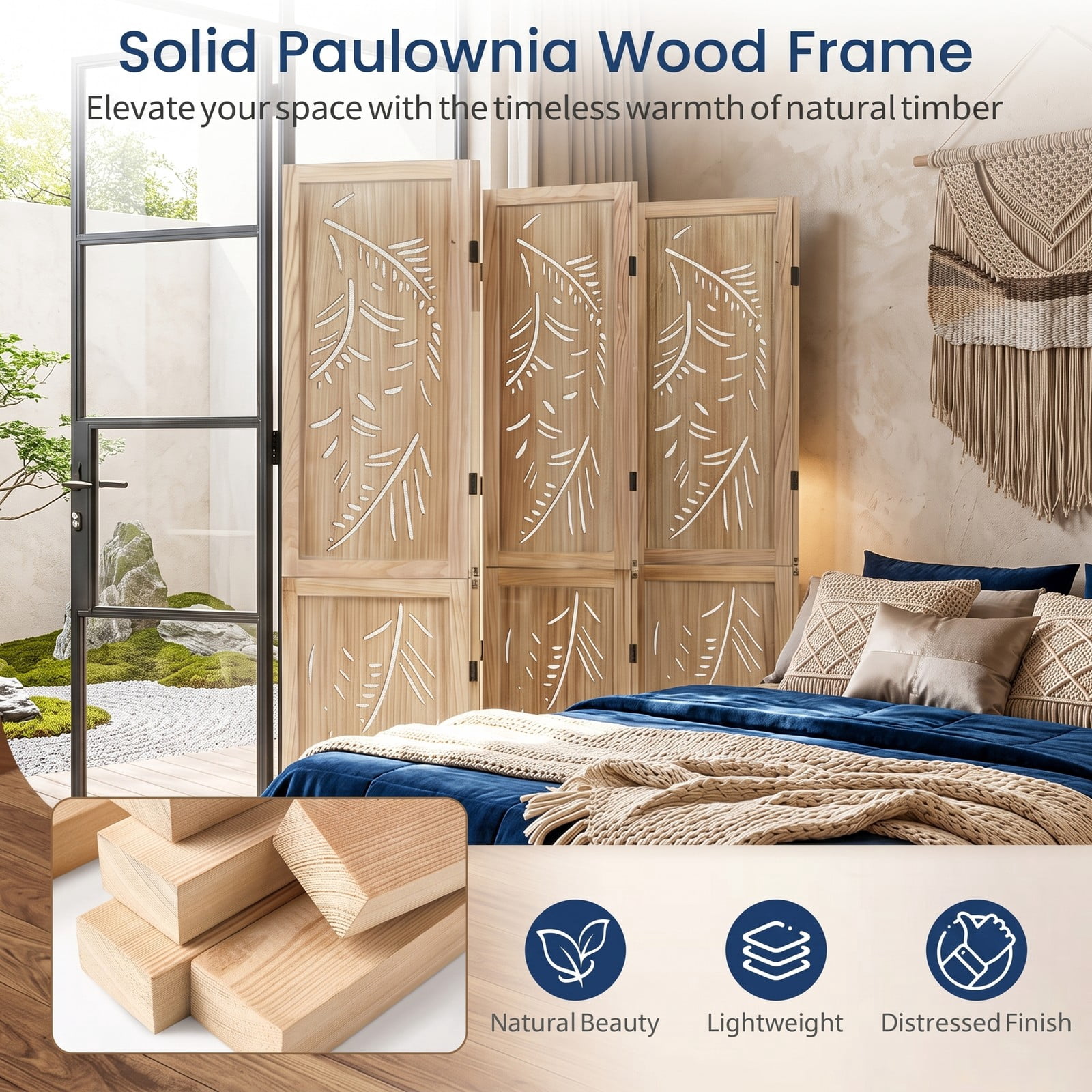ALPULON 6-Panel Wooden Room Divider Freestanding Folding Privacy Screen with Palm Leaf Design and Paulownia Wood Frame for Home Office Bedroom, Natural