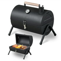 Portable Charcoal Grill with Thermometer & Wooden Handle, Compact Tabletop Barbecue Grill for Outdoor Camping BBQ Grilling Backyard Party Cooking
