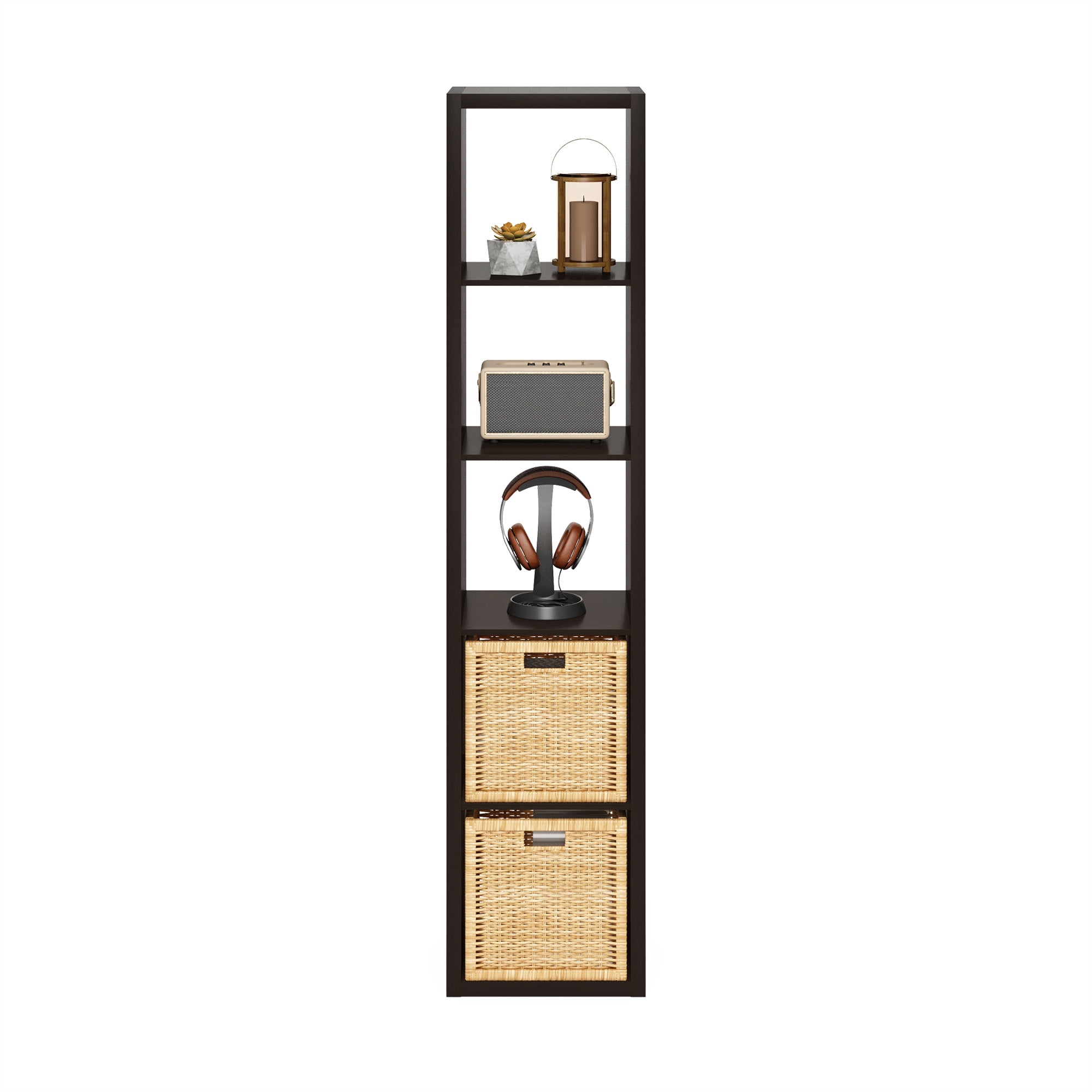 Furinno CUBICLE Book Shelf, 5-Cube Vertical Thick Frame Bookshelf, Horizontally & Vertically Reversible Bookcase with Open Back, 14.6 x 15.9 x 72, for Living Room, Home Office, Black Dark Oak