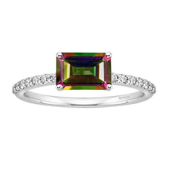 Sterling Silver with Octagon Shape Mystic Topaz and Natural White Topaz Engagement Ring for Women