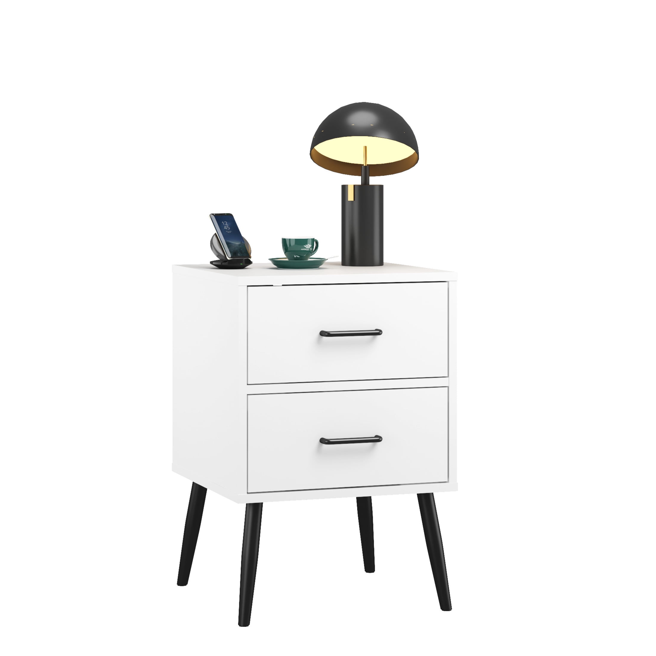 Noble House Misty 16" Modern 2-Drawer Nightstand with Tapered Metal Legs, Small End Table for Bedroom, White