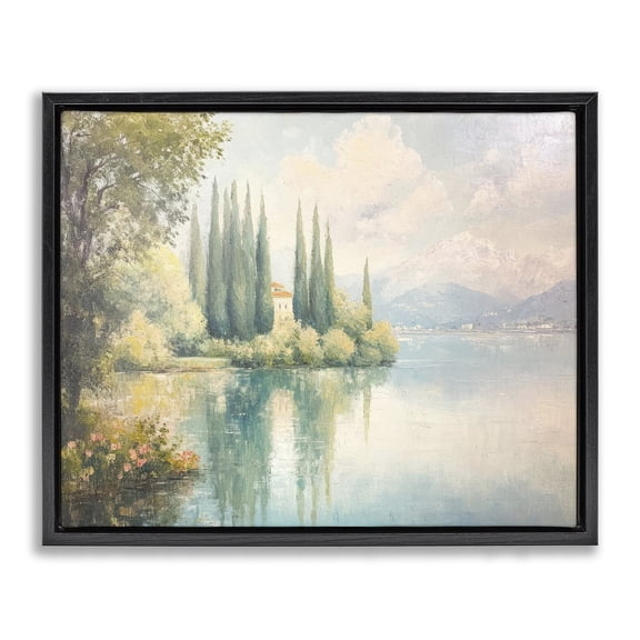 Stupell Industries Lakeside Mansion View Landscape & Nature Painting Black Floater Framed Canvas Art Print Wall Art, 21 x 17