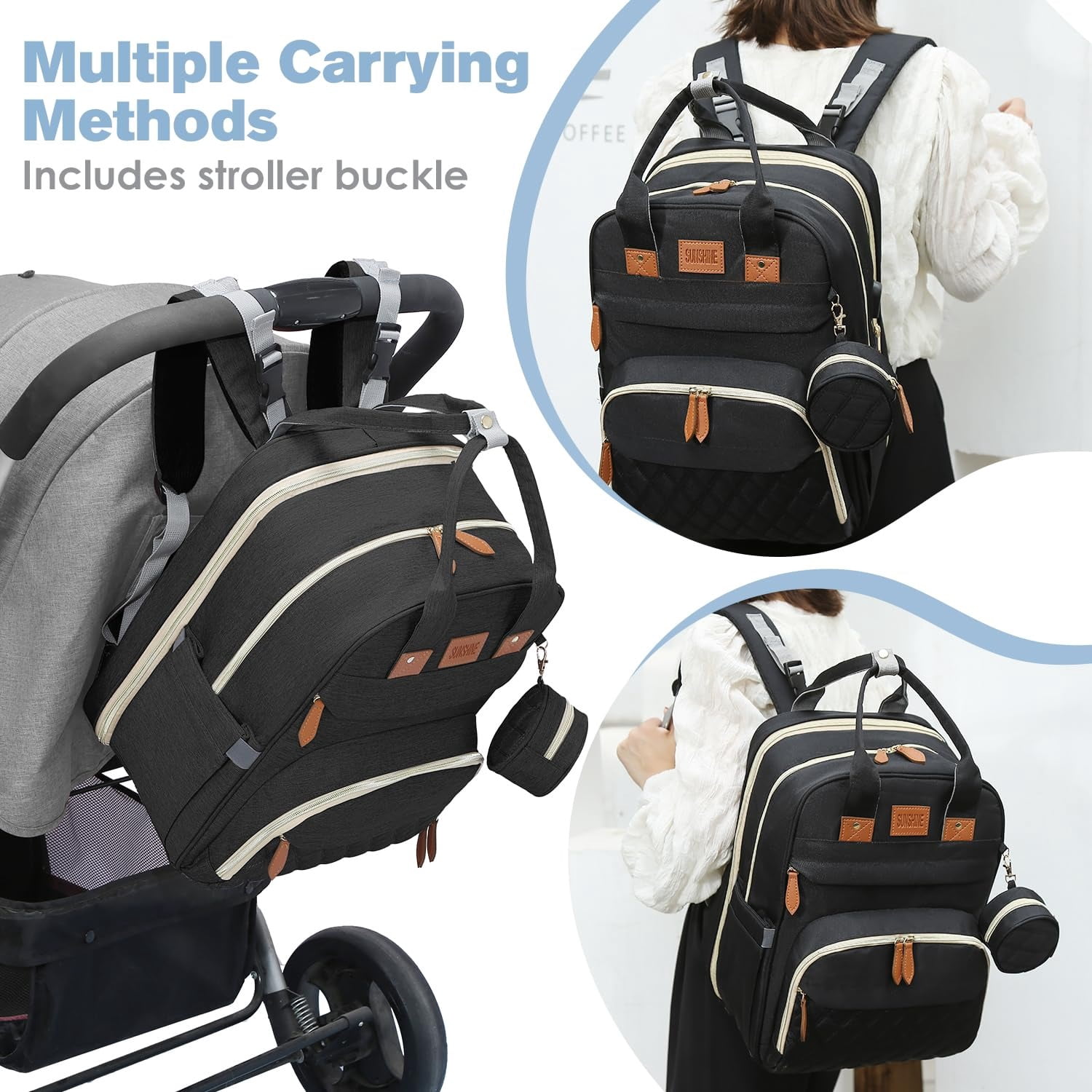 RsenFremior 3 in 1 Diaper Bag Backpack, Foldable Baby Bed Waterproof Travel Bag with USB Charge& Insulated Pockets, Large Unisex Diaper Bag Backpack for Baby