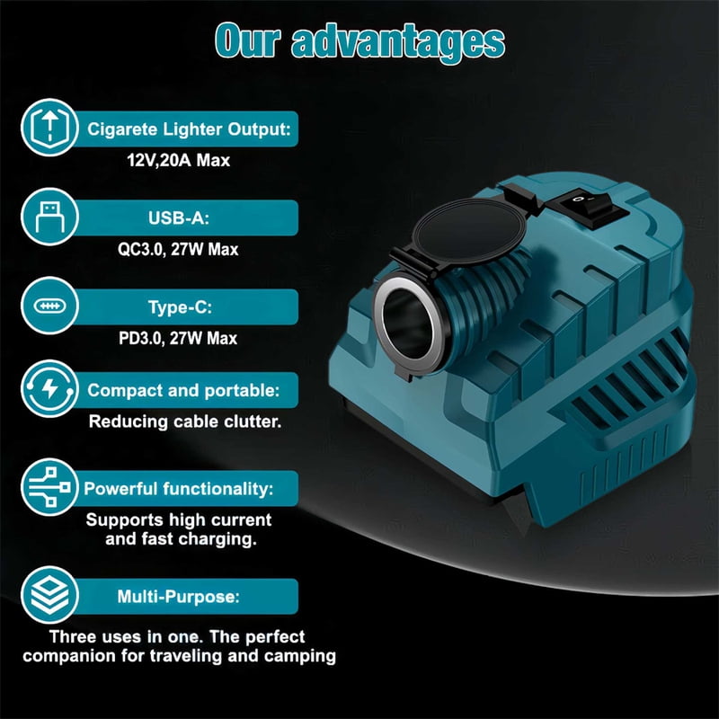 Buck Converter Regulator Cigarette Lighter Jack For De*walt 18V-21V Battery 240W USB Type C Ports Power Supply