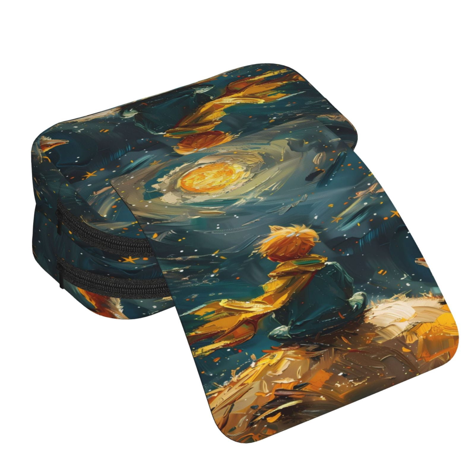 Rateoe Whimsical Starry Night Scene Pattern Double Clamshell Pen Case, Storage Organizer with Two Zipper Compartments– Holds Up to 50 Pencils & Pens