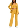 thumbnail image 4 of Floleo Women Notched Lapel Double Gold Button Long Sleeve Blazer Square Neck Crop Cami High Waist Wide Leg Pants Three Piece Suit For Office Business Interview Daily Outfits (Yellow,M), 4 of 6